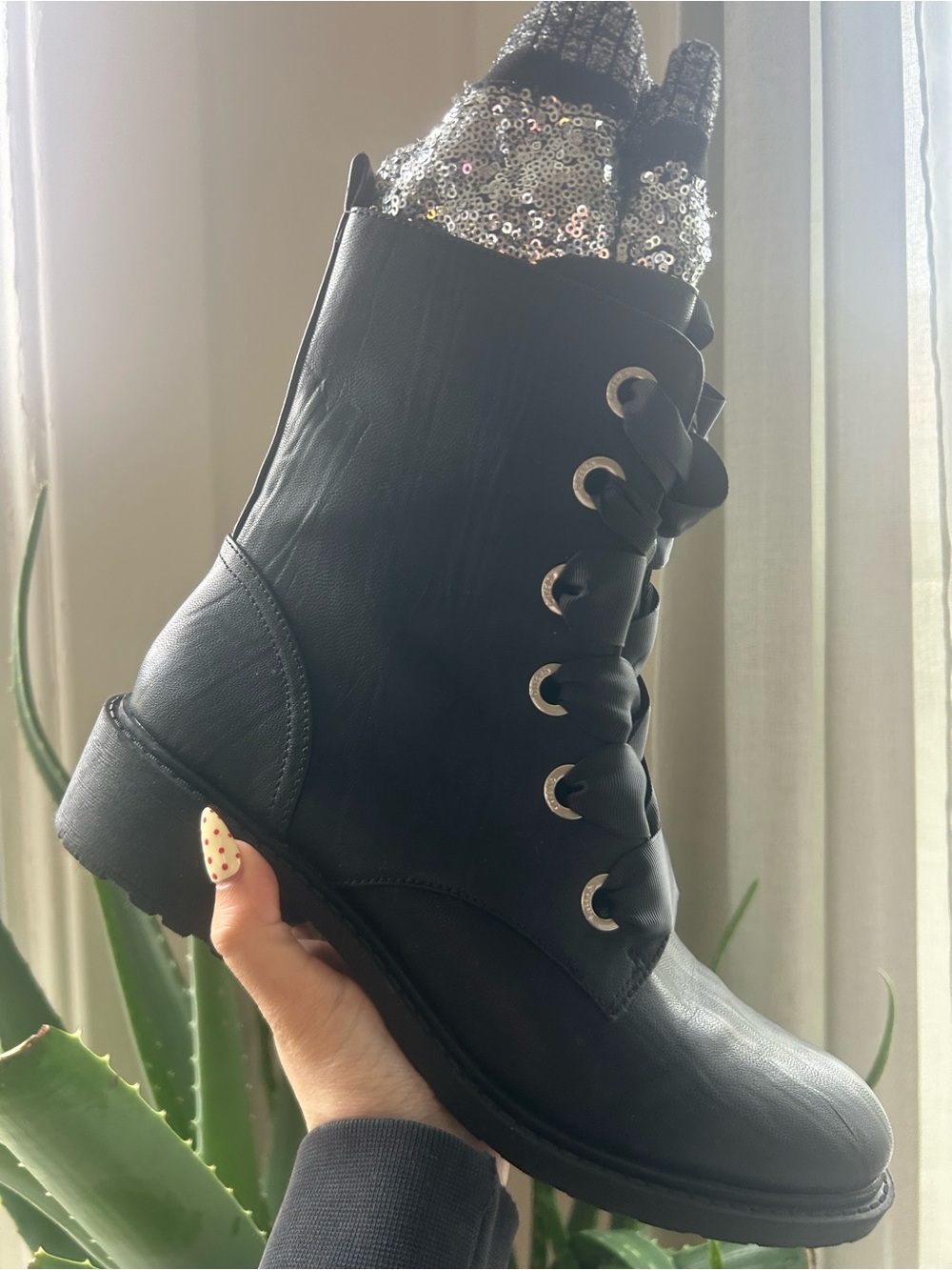 Circus by Sam Edelman Black Lace-Up Ankle Boots with Silver Sequin Cuff